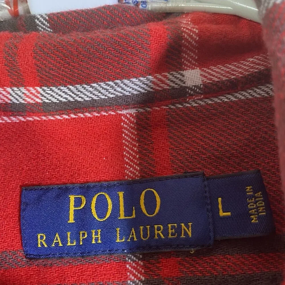 Polo Ralph Lauren Shirt Mens Large Red Plaid Flannel Classic Fit Pocket